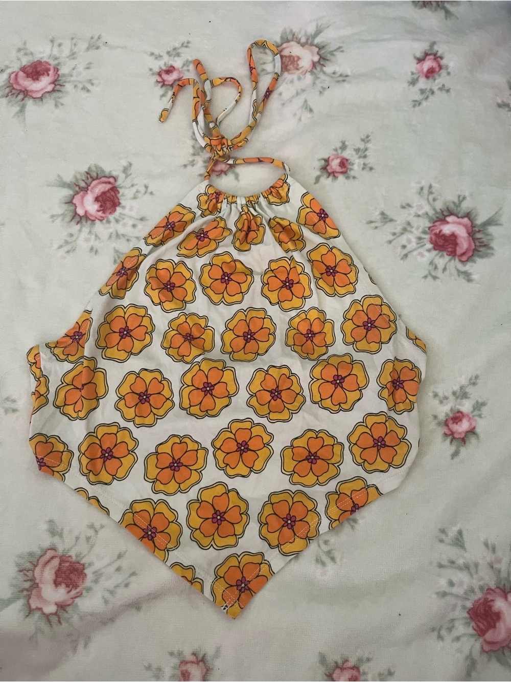 PacSun Floral Tie-Back Halter Top in White, Orange & Pink